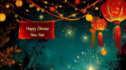 Obraz premium Happy Chinese New Year banner with a scroll and lanterns fireworks in the background.