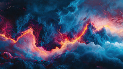 Fototapeta premium An explosive beam of electric blue plasma, twisting and surging forward in chaotic patterns, surrounded by a stormy