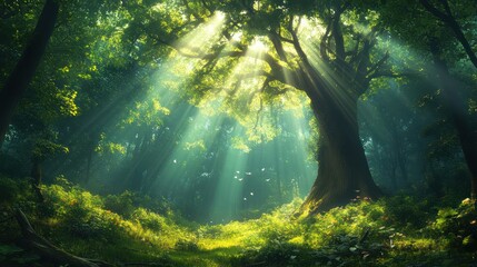 Sunbeams illuminate forest path, magical scene