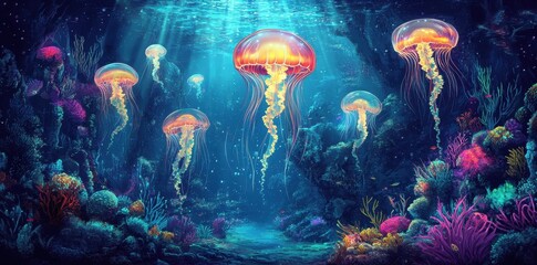 Luminous Jellyfish Swim Through Vibrant Coral Reef