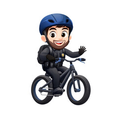 Obraz premium Cartoon police officer riding a bicycle through a colorful urban environment with a cheerful expression.