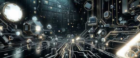 A futuristic sci-fi data room with glowing circuits and 3D elements, perfect for visualizing advanced technology and innovation concepts.