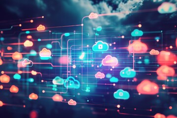 Obraz premium Abstract thought bubbles containing cybersecurity concepts, Big data visualisation. Abstract digital particles. Cyber network background. Technology backdrop.