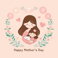 Happy Mothers Day floral illustration with mom and daughter, cute postcard