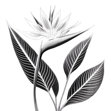 Black and white botanical illustration, bird of paradise flower, detailed petals, sharp contrast