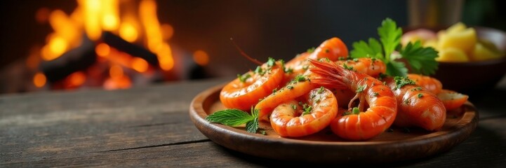 Delicious seafood on wooden table near crackling fire, seafood, fire, wood