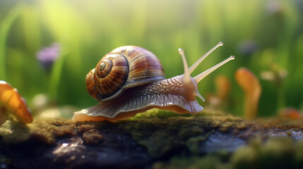 Snail On Tree Bark With Background Blur 