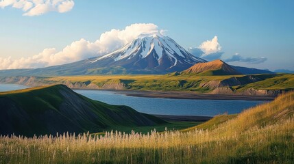 Fototapeta premium Stunning view of a snow-capped mountain near a tranquil lake during the golden hour in a picturesque landscape