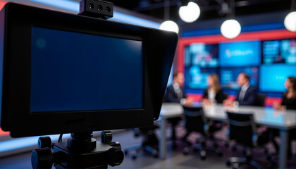 Television studio with camera focused on news anchor panel