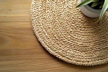 Natural Woven Placemat on Wooden Table with Potted Plant Decor