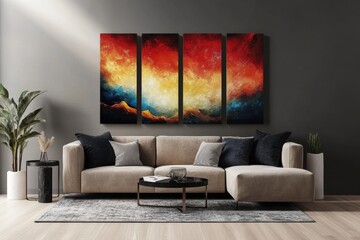 Modern Living Room with Artistic Wall Panels and Cozy Furniture