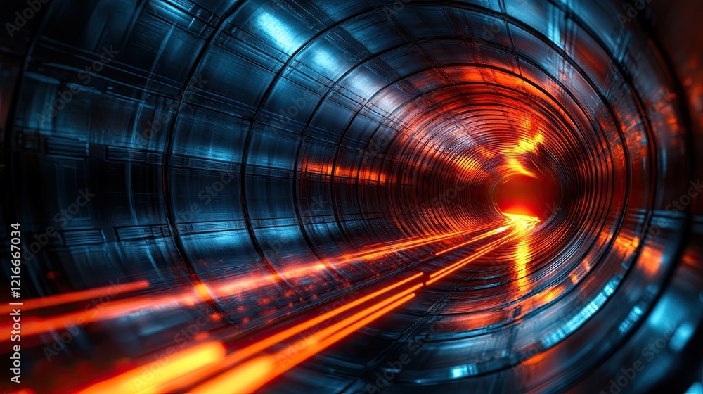 Poster 3d abstract sci-fi and tech background. metal tunnel with a red light trail.