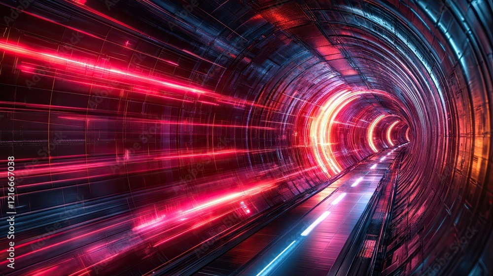 Poster 3d abstract sci-fi and tech background. metal tunnel with a red light trail.