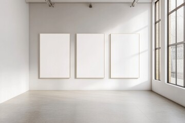 Minimalist Art Gallery Interior with Three Blank Canvases