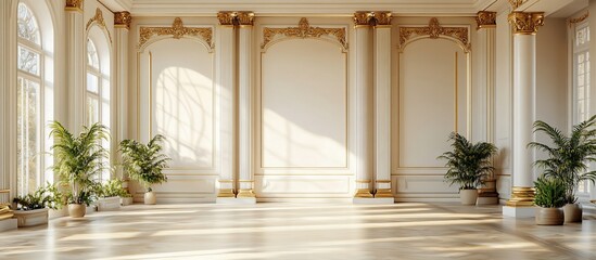 Fototapeta premium Sunlit Grand Ballroom with Gilded Details and Lush Greenery