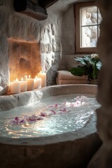 Relaxing spa setting featuring a stone bathtub with floating flowers and candlelight for a calming retreat