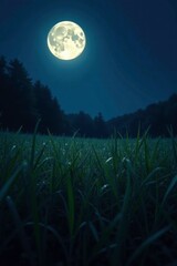 Fototapeta premium Dense blades of long grass sway in moonlight darkness, nocturnal atmosphere,