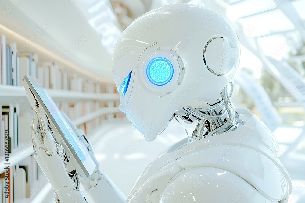 Poster a humanoid robot with glowing blue eyes examining a digital tablet in a modern library setting, repr