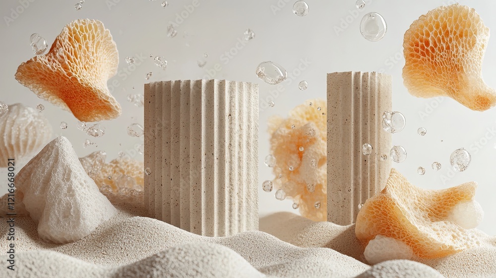 Poster 3d composition of realistic primitive shapes in motion, isolated on a white background.