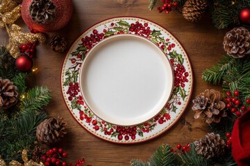 Decorative Holiday Plate Surrounded by Christmas Foliage and Ornaments