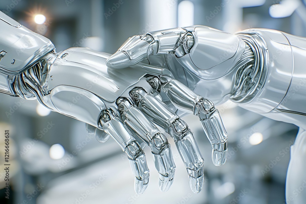 Poster close-up of two robotic hands clasping in a gesture of connection and collaboration in a futuristic 
