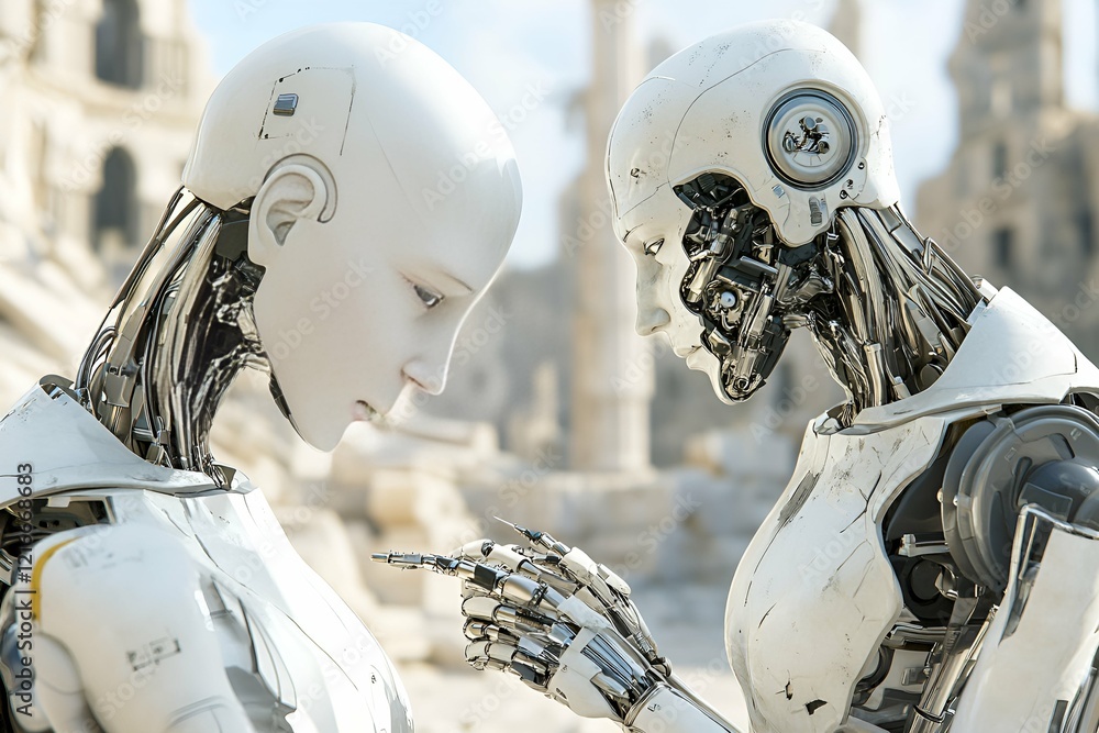 Poster two humanoid robots in an emotional interaction, examining each other's intricate mechanisms amidst 