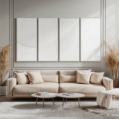 Modern Living Room with Neutral Tones and Empty Frames Decor
