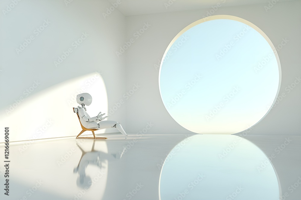 Poster humanoid robot sitting in a minimalist white room with a large circular window, basking in soft natu