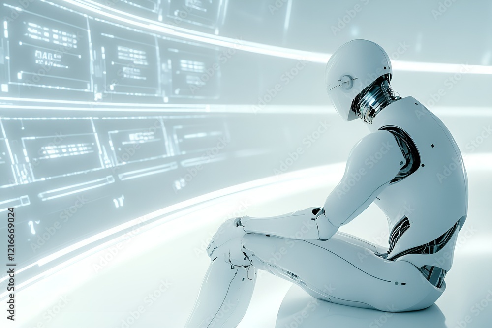 Poster humanoid robot sitting in a futuristic white room surrounded by glowing digital panels, reflecting o