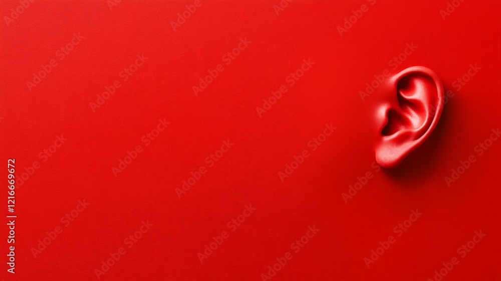 Poster human ear on a vibrant red background symbolizing the importance of hearing health and raising aware