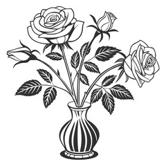 A minimalist line art illustration of flowers in a glass vase, with a cute and simple design. The background is a pastel color, creating a cute aesthetic. 