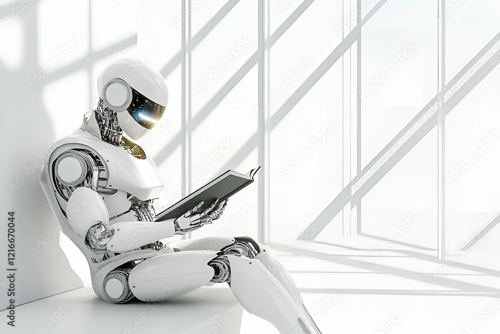Poster modern robot sitting by a sunlit window reading a book, symbolizing intelligence, learning, and tech