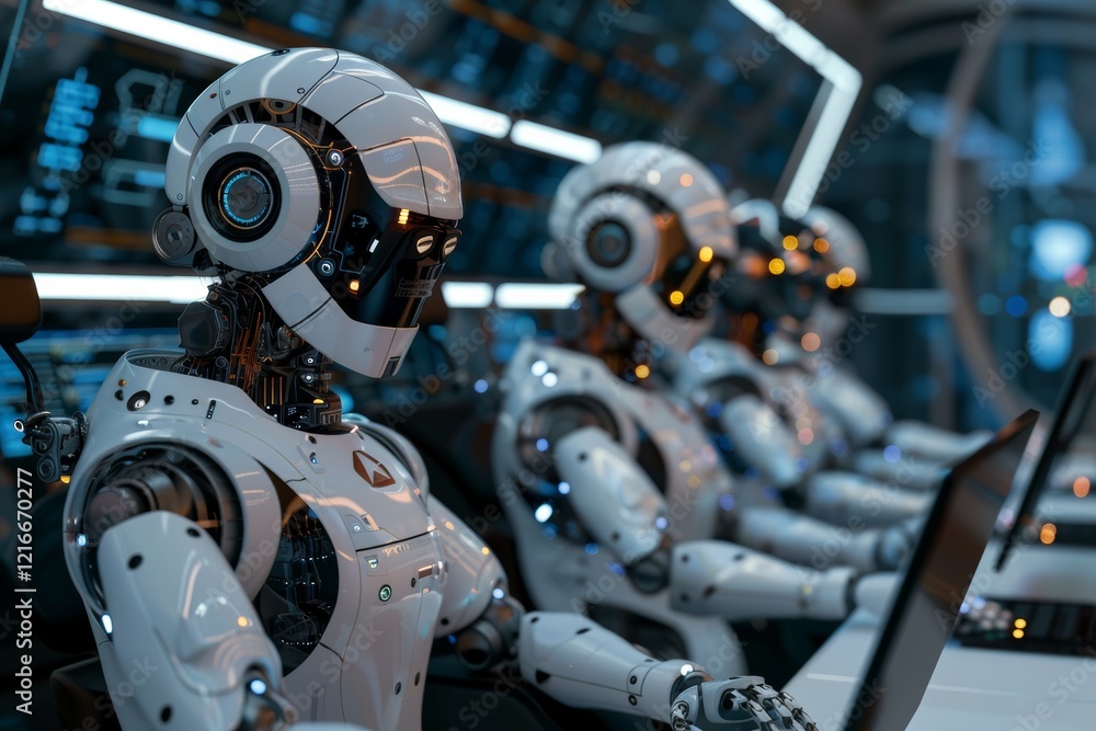 Poster ai robots working in a futuristic it lab, engineer working automatic robotic arm machine in factory.