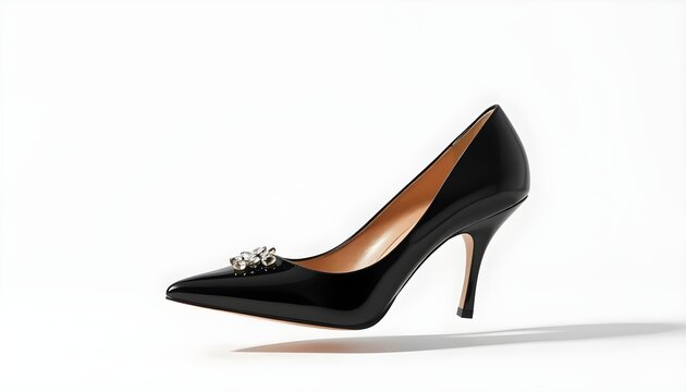 Pair of sophisticated black high heels, featuring a glamorous rhinestone embellishment. - Powered by Adobe
