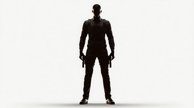 A silhouette of a figure stands confidently, holding weapons, set against a minimalist background, suggesting themes of action and mystery.