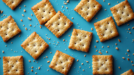 Close-up view of crunchy crackers arranged neatly on a vibrant blue surface during a bright daytime setting