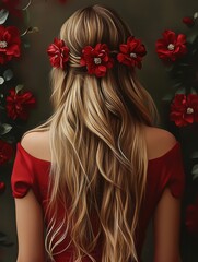Long flowing hair adorned with red flowers against a dark floral background in a serene setting