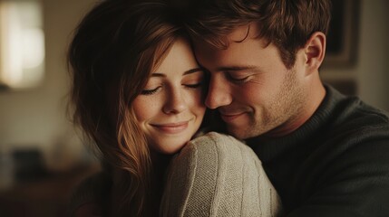 Obraz premium A loving couple enjoys a tender moment together in a warm cozy home