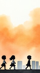 Fototapeta premium Air pollution Air Quality Index (AQI) Children walking against a sunset background.