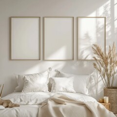 Cozy Bedroom with Empty Frames and Decorative Plants on Striking Wall