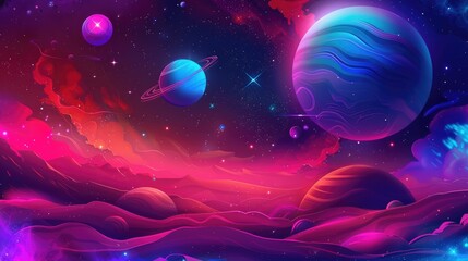 A vibrant cosmic scene featuring planets, rings, and colorful nebulae in a space landscape.