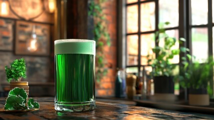 glass of green beer on a wooden table in a festive pub setting with blurred lights, vibrant and celebratory St. Patrick’s Day concept, perfect for bar promotions, event advertisements, holiday marketi