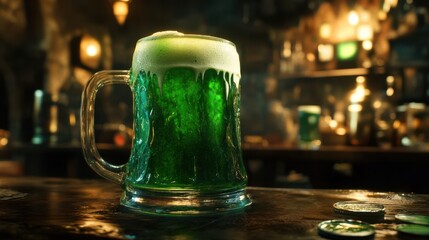 glass of green beer on a wooden table in a festive pub setting with blurred lights, vibrant and celebratory St. Patrick’s Day concept, perfect for bar promotions, event advertisements, holiday marketi