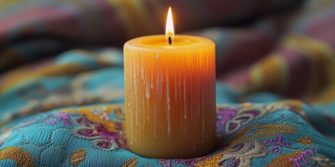 Bright orange candle glows softly atop a colorful fabric draped in elegant patterns
