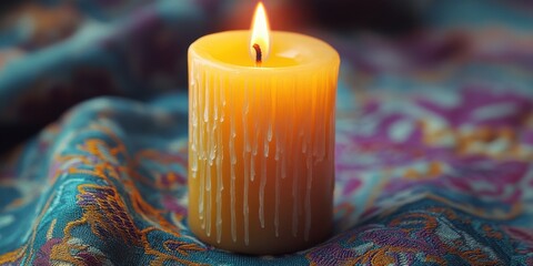 Bright candle flickers softly on a vibrant patterned fabric during a cozy evening setting