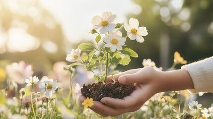 Hands nurturing a small sapling in rich soil with vibrant wildflowers under soft sunlight in a serene environment, nature protection, farming