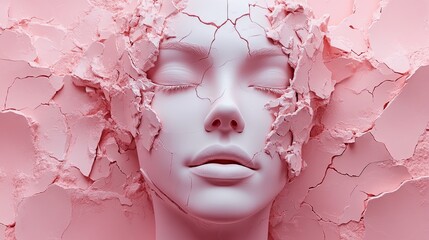 3D illustration of a ceramic female head cracking into fragments in pastel tones. 