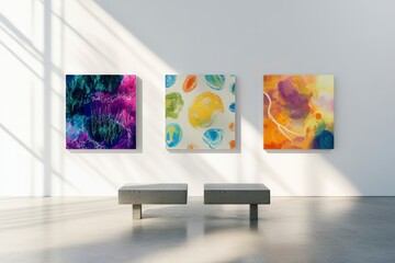 Modern Art Gallery Interior with Colorful Abstract Paintings Display