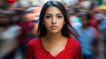 Young woman stands confidently in a busy urban street during daylight, showcasing inner strength amidst the crowd