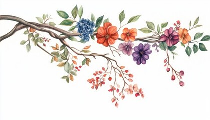 Colorful floral arrangement with various blossoms and leaves on a white background, ideal for design use